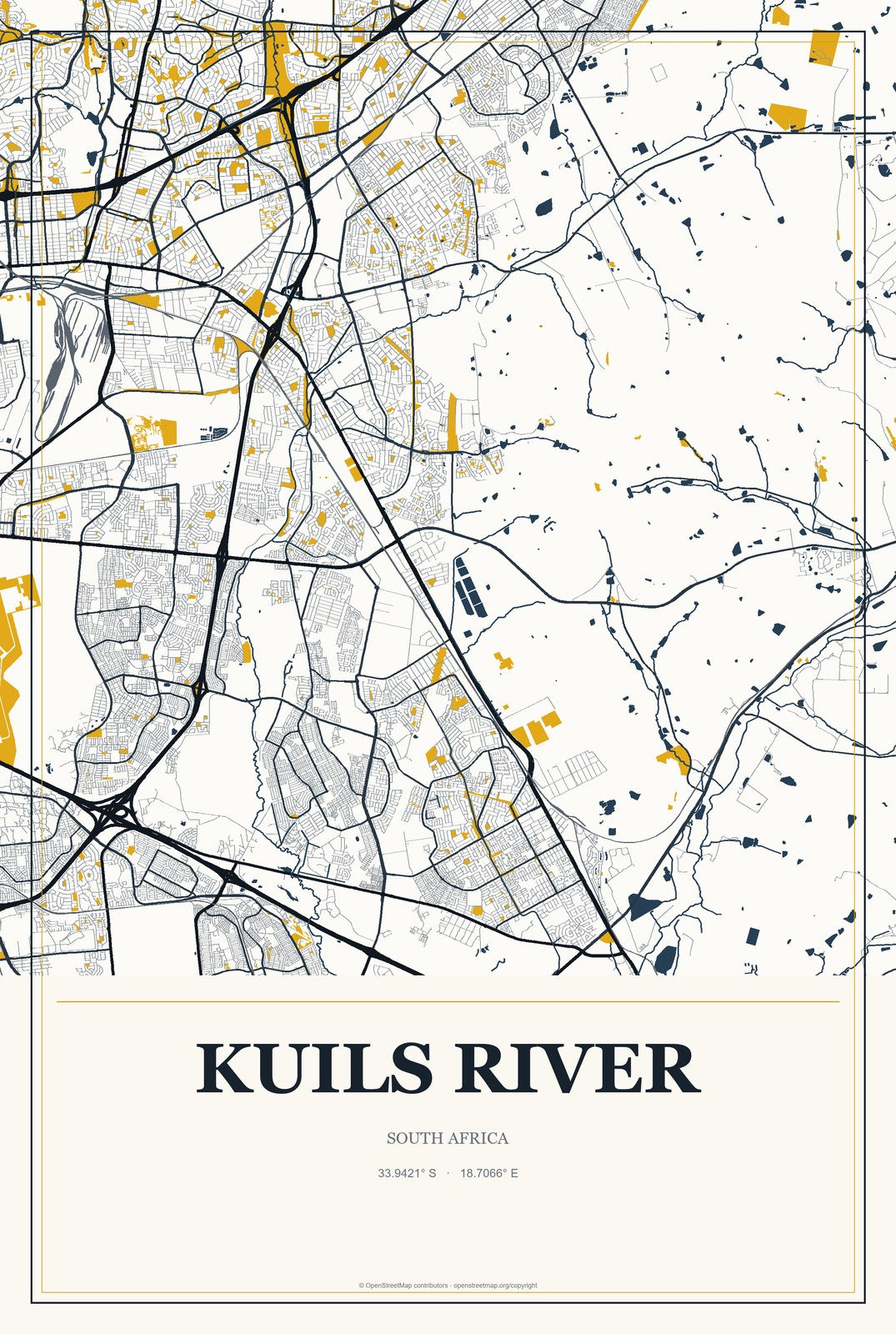 Kuils River, South Africa City Map Aluminum Sign in Citrine Modern style