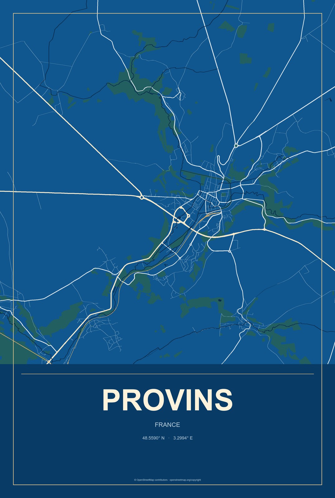 Provins, France City Map Aluminum Sign in Harbor Cobalt style