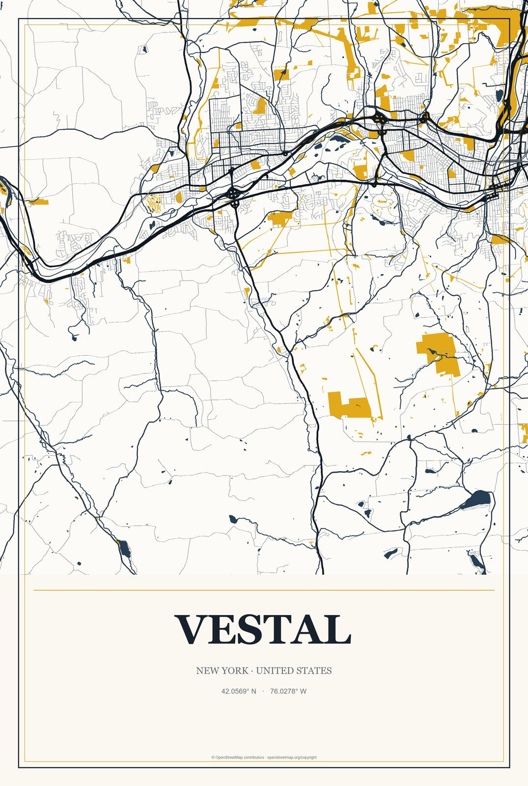 Vestal, New York City Map Aluminum Sign in Citrine Modern style