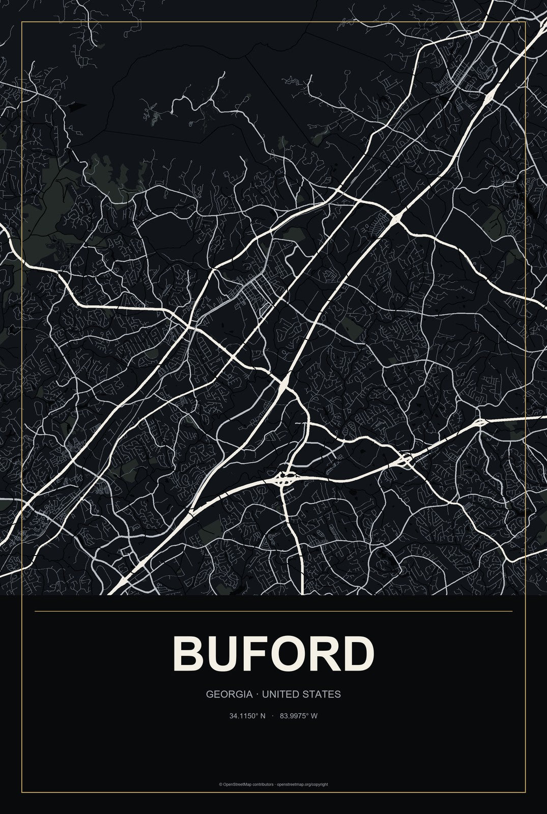 Buford, Georgia City Map Aluminum Sign in Metropolitan Noir style