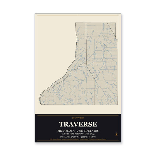 Traverse County, Minnesota Map Aluminum Sign in Museum Plaque style