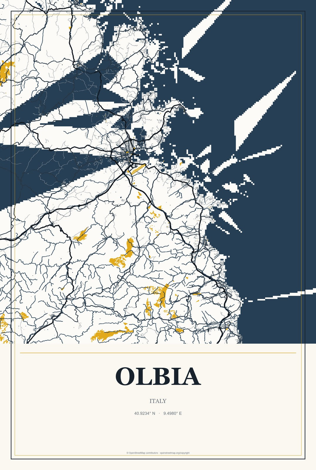 Olbia, Italy City Map Aluminum Sign in Citrine Modern style