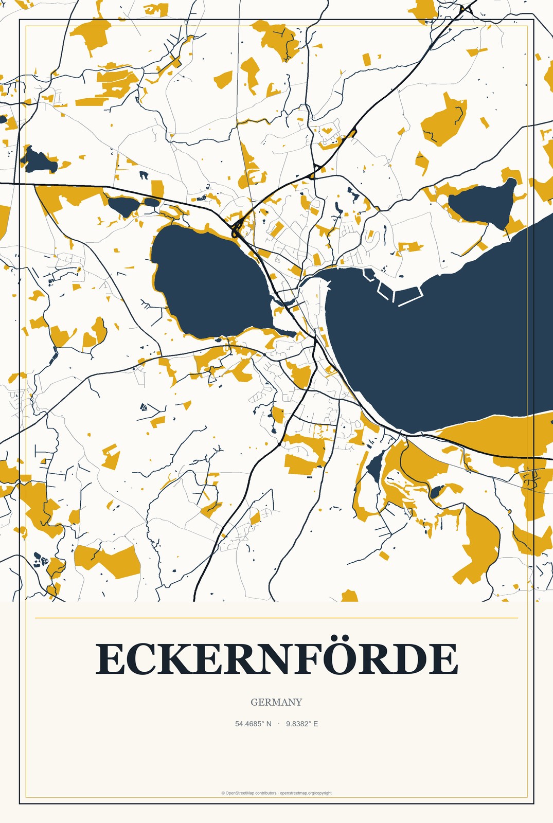 Eckernförde, Germany City Map Aluminum Sign in Citrine Modern style