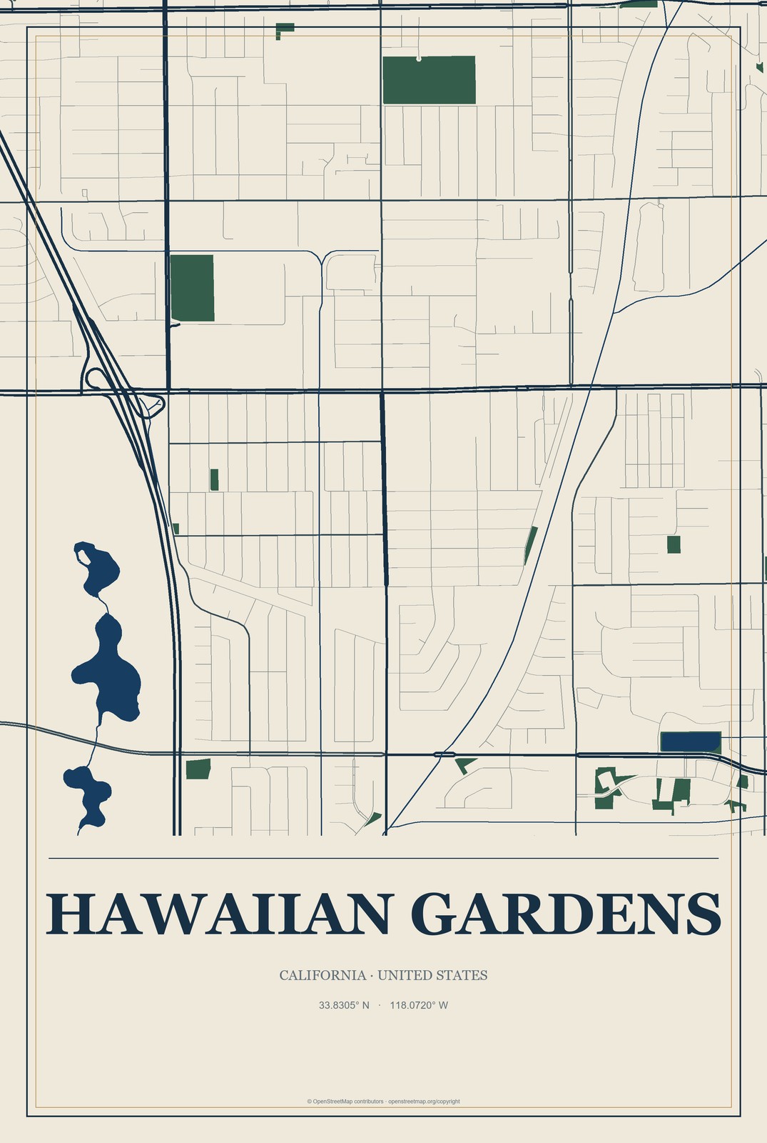 Hawaiian Gardens, California City Map Aluminum Sign in Coastal Cutout style