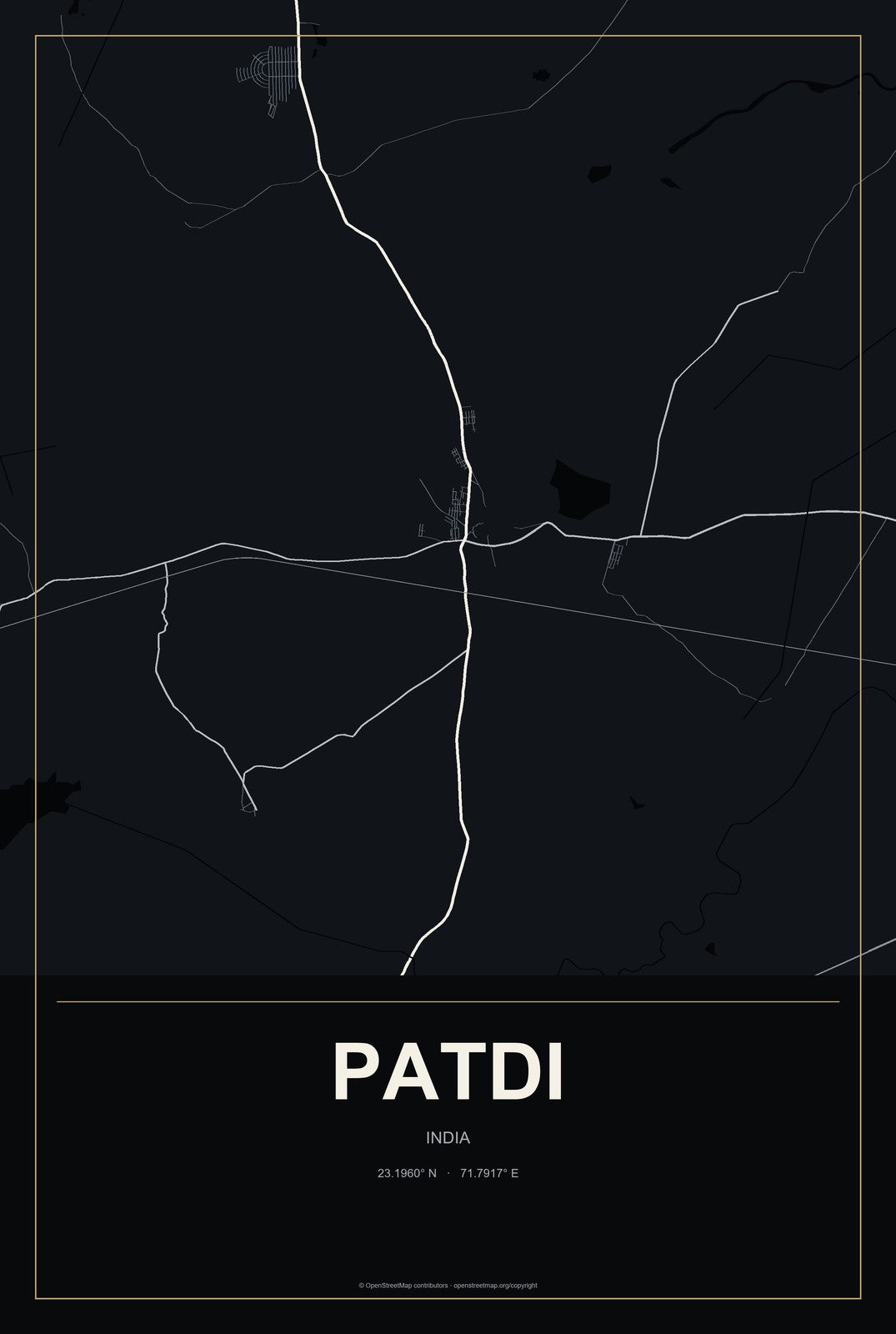 Patdi, India City Map Aluminum Sign in Metropolitan Noir style