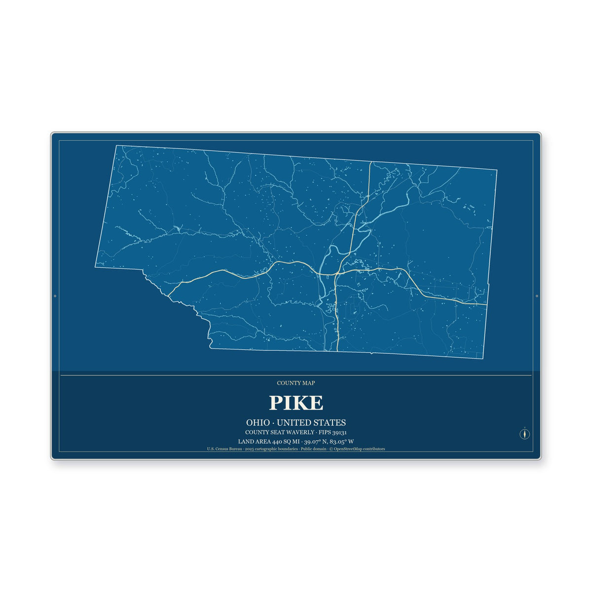 Pike County, Ohio Map Aluminum Sign in Harbor Cobalt style