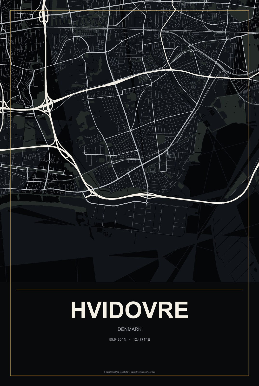 Hvidovre, Denmark City Map Aluminum Sign in Metropolitan Noir style