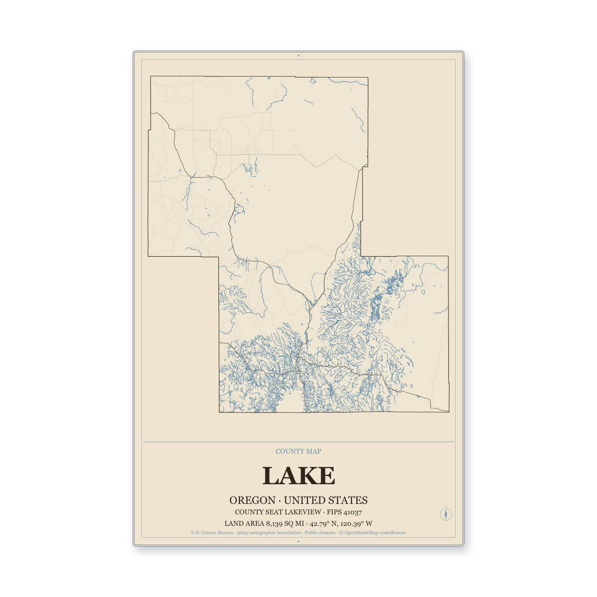 Lake County, Oregon Map Aluminum Sign in Heritage Nautical style