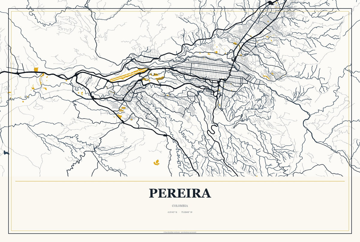Pereira, Colombia City Map Aluminum Sign in Citrine Modern style