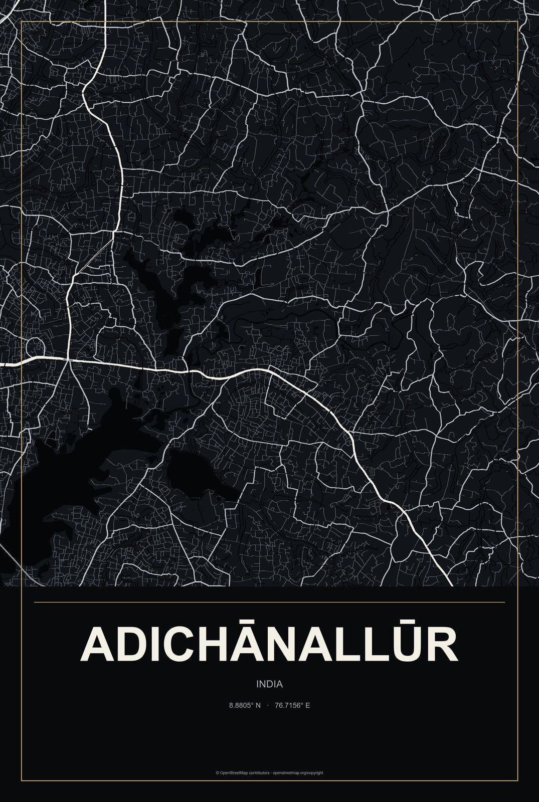 Adichānallūr, India City Map Aluminum Sign in Metropolitan Noir style