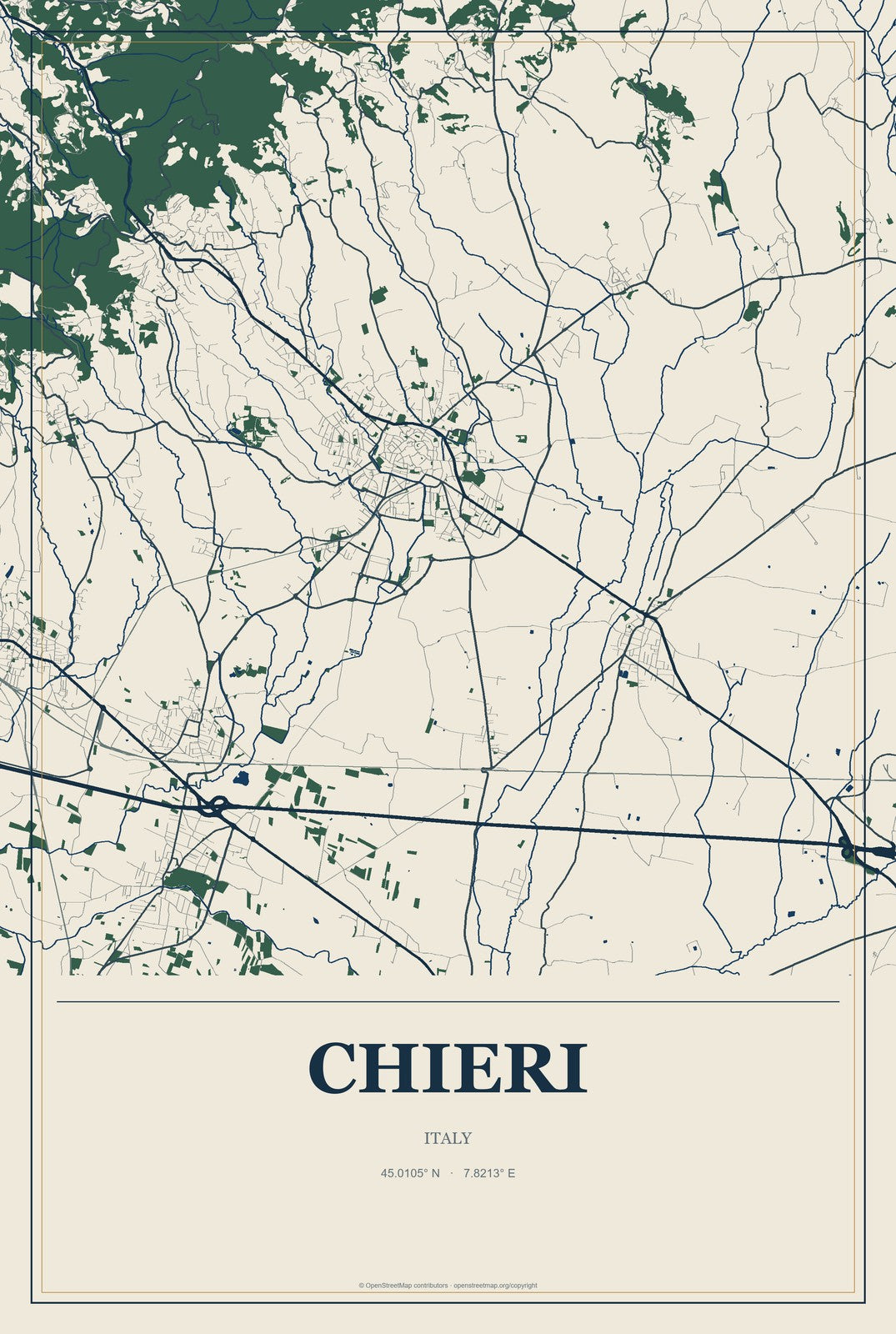 Chieri, Italy City Map Aluminum Sign in Coastal Cutout style