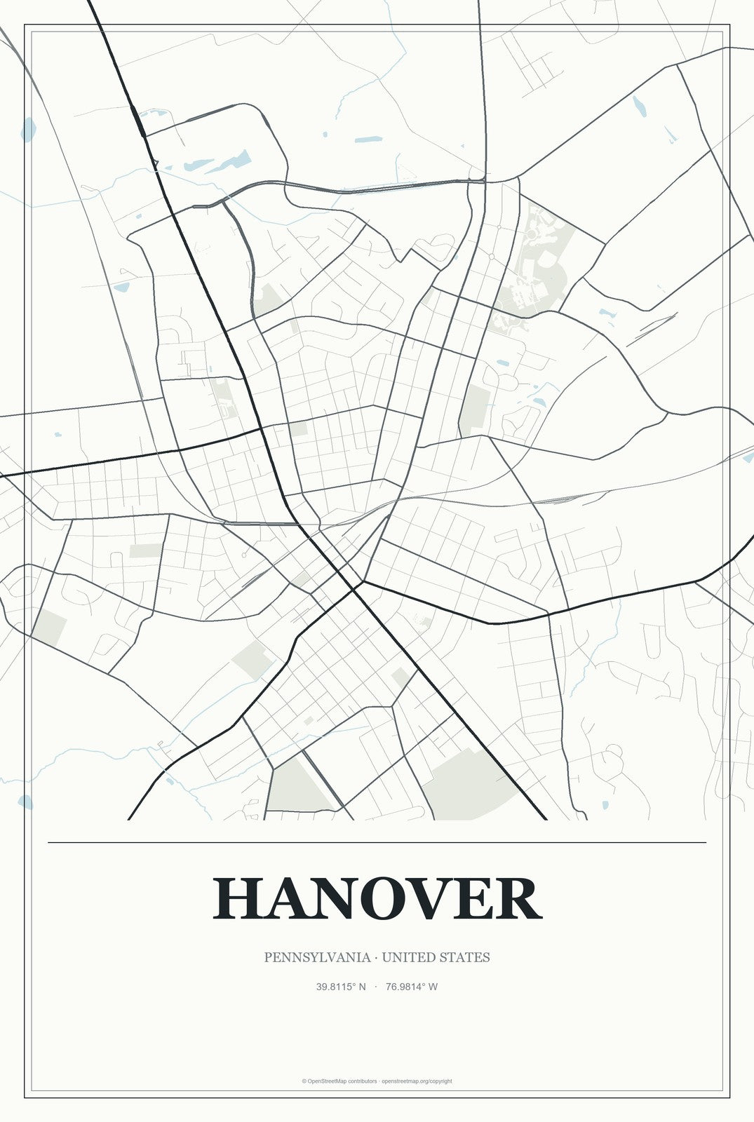 Hanover, Pennsylvania City Map Aluminum Sign in Gallery Air style