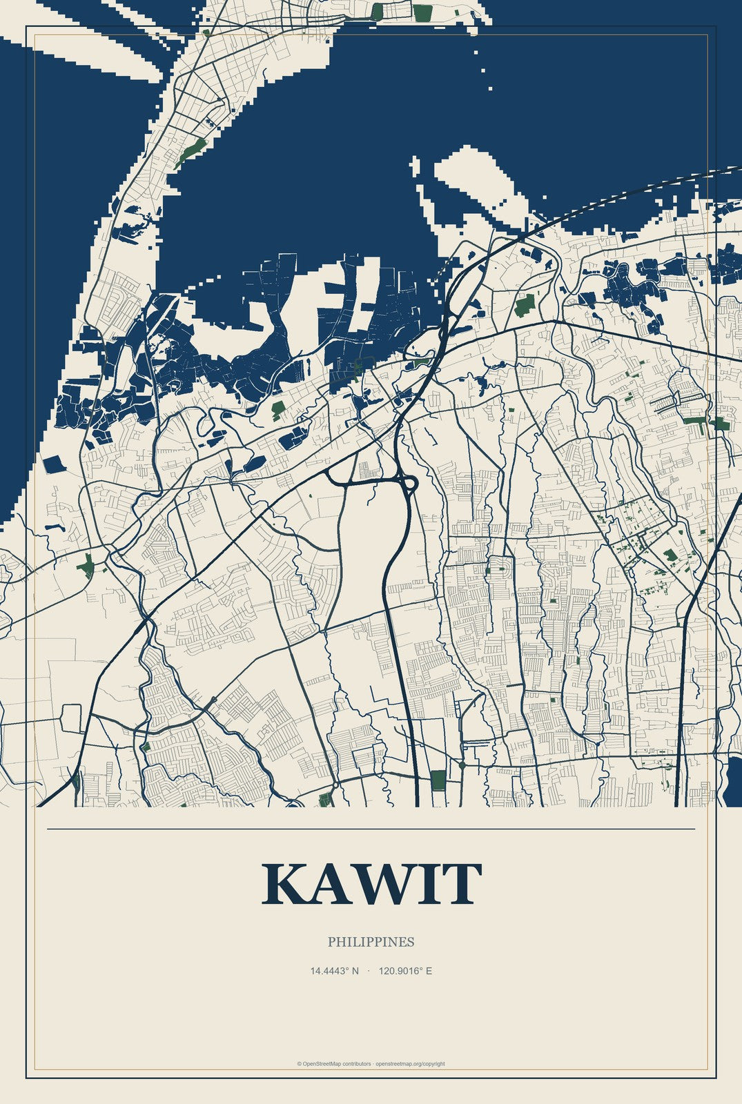 Kawit, Philippines City Map Aluminum Sign in Coastal Cutout style