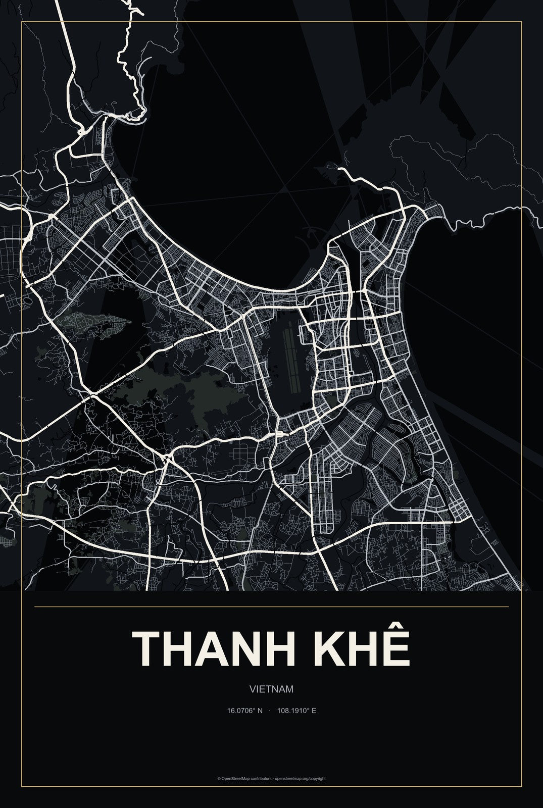 Thanh Khê, Vietnam City Map Aluminum Sign in Metropolitan Noir style