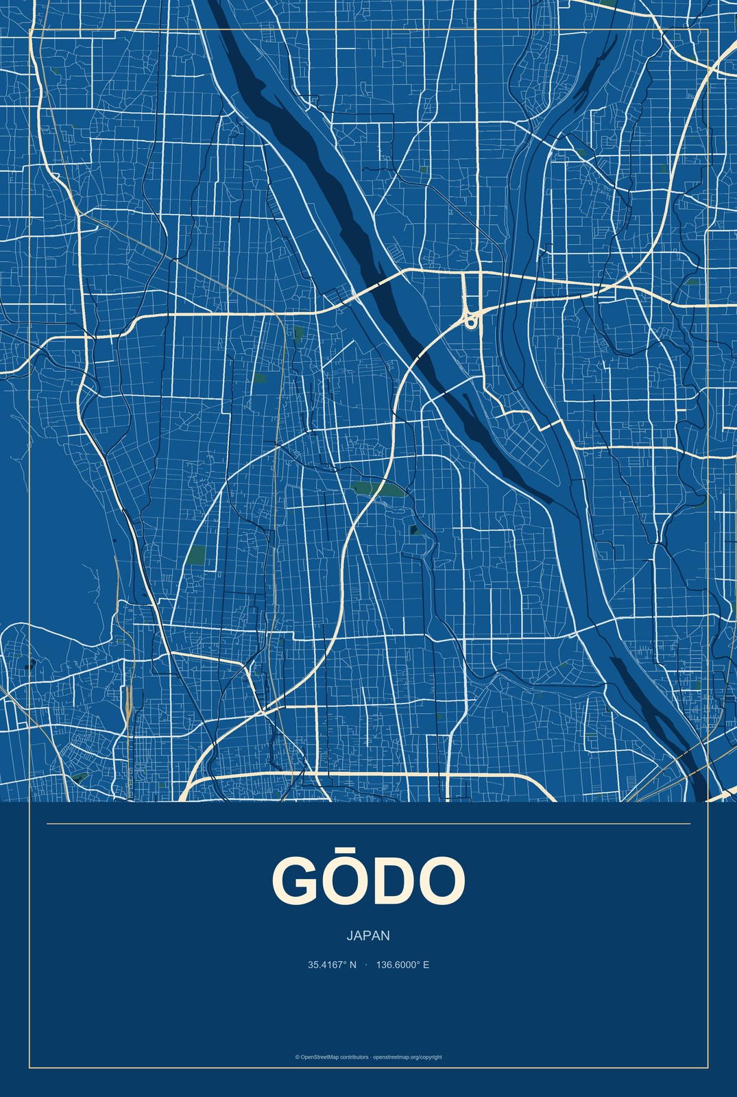 Gōdo, Japan City Map Aluminum Sign in Harbor Cobalt style