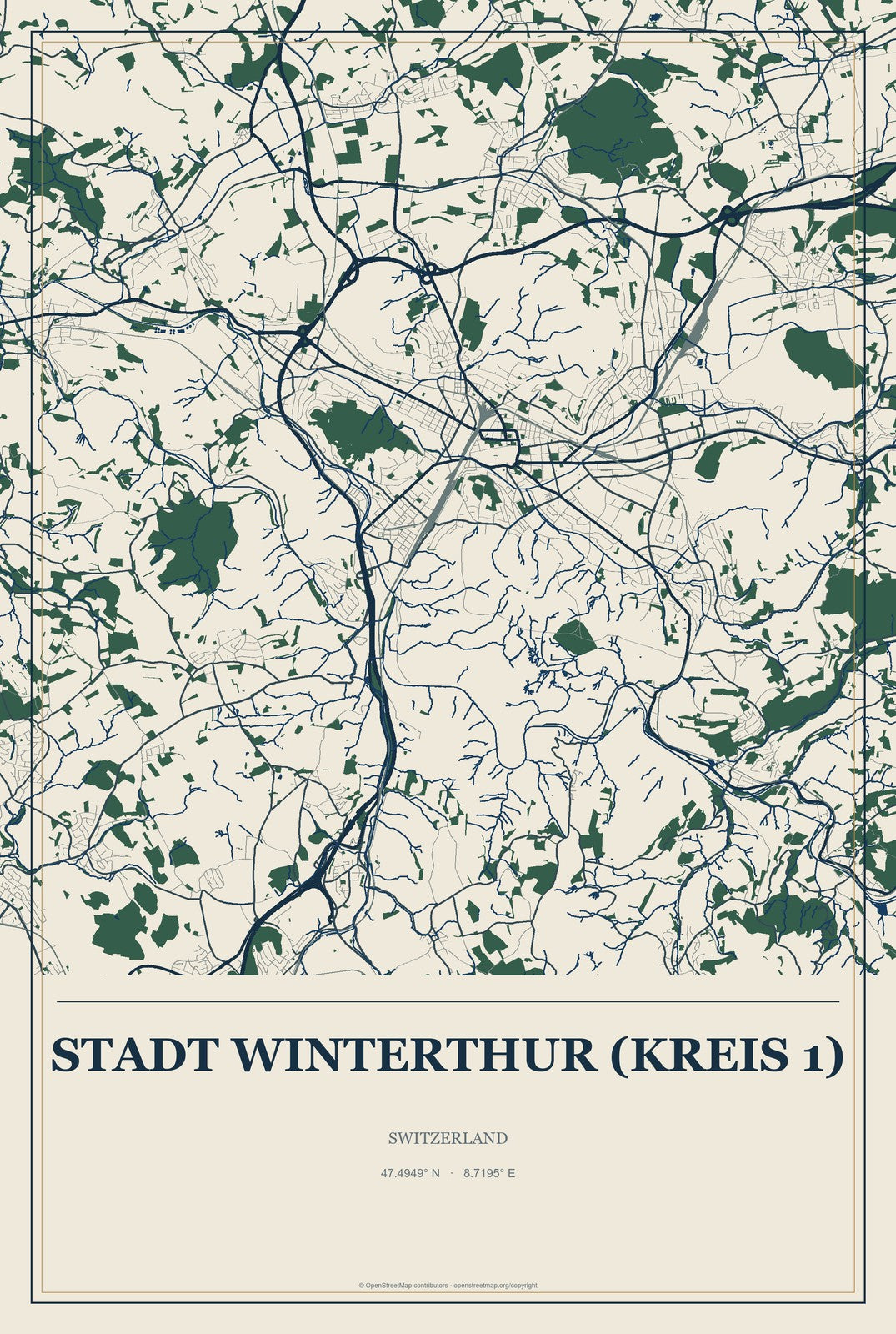 Stadt Winterthur (Kreis 1), Switzerland City Map Aluminum Sign in Coastal Cutout style