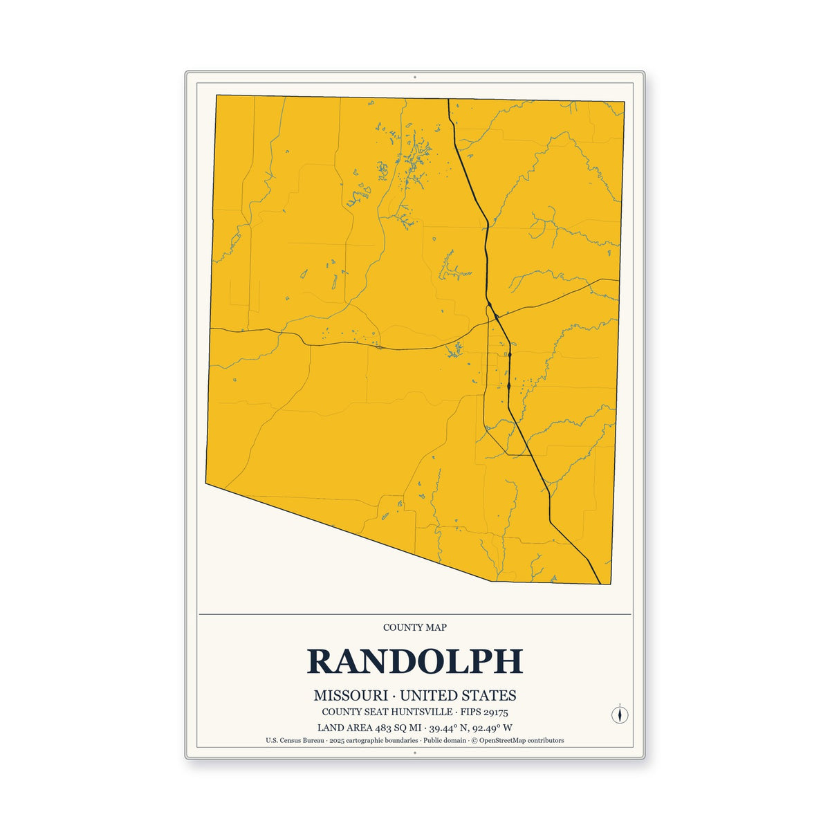 Randolph County, Missouri Map Aluminum Sign in Citrine Modern style