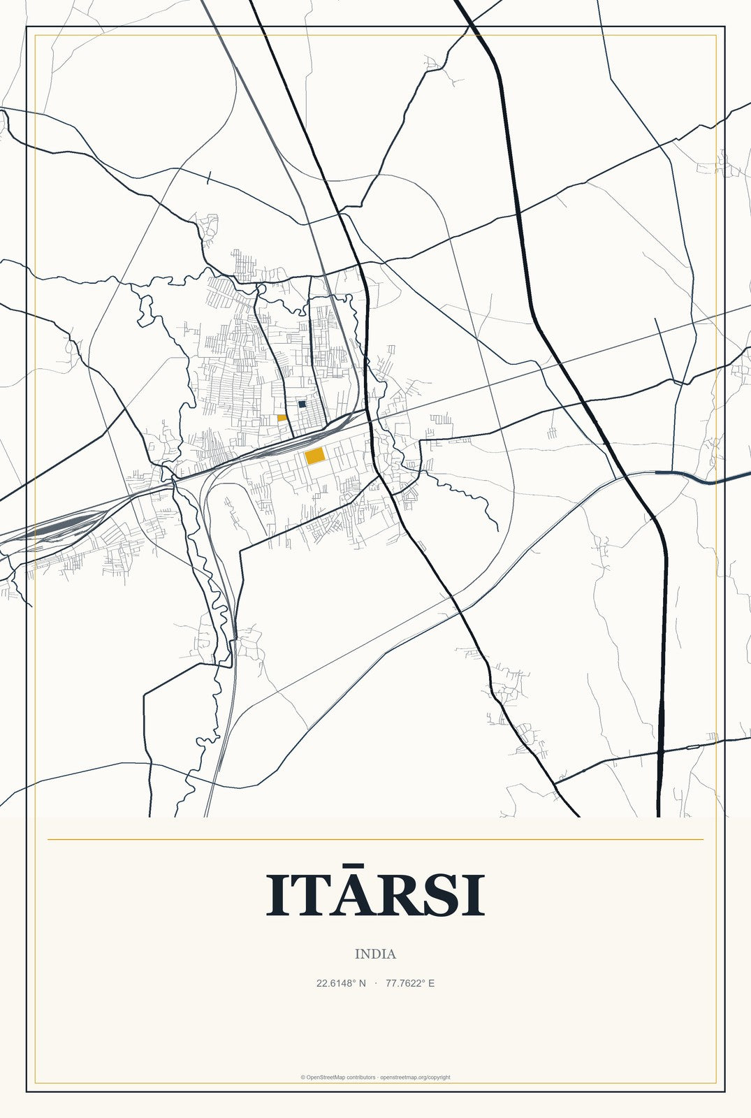 Itārsi, India City Map Aluminum Sign in Citrine Modern style