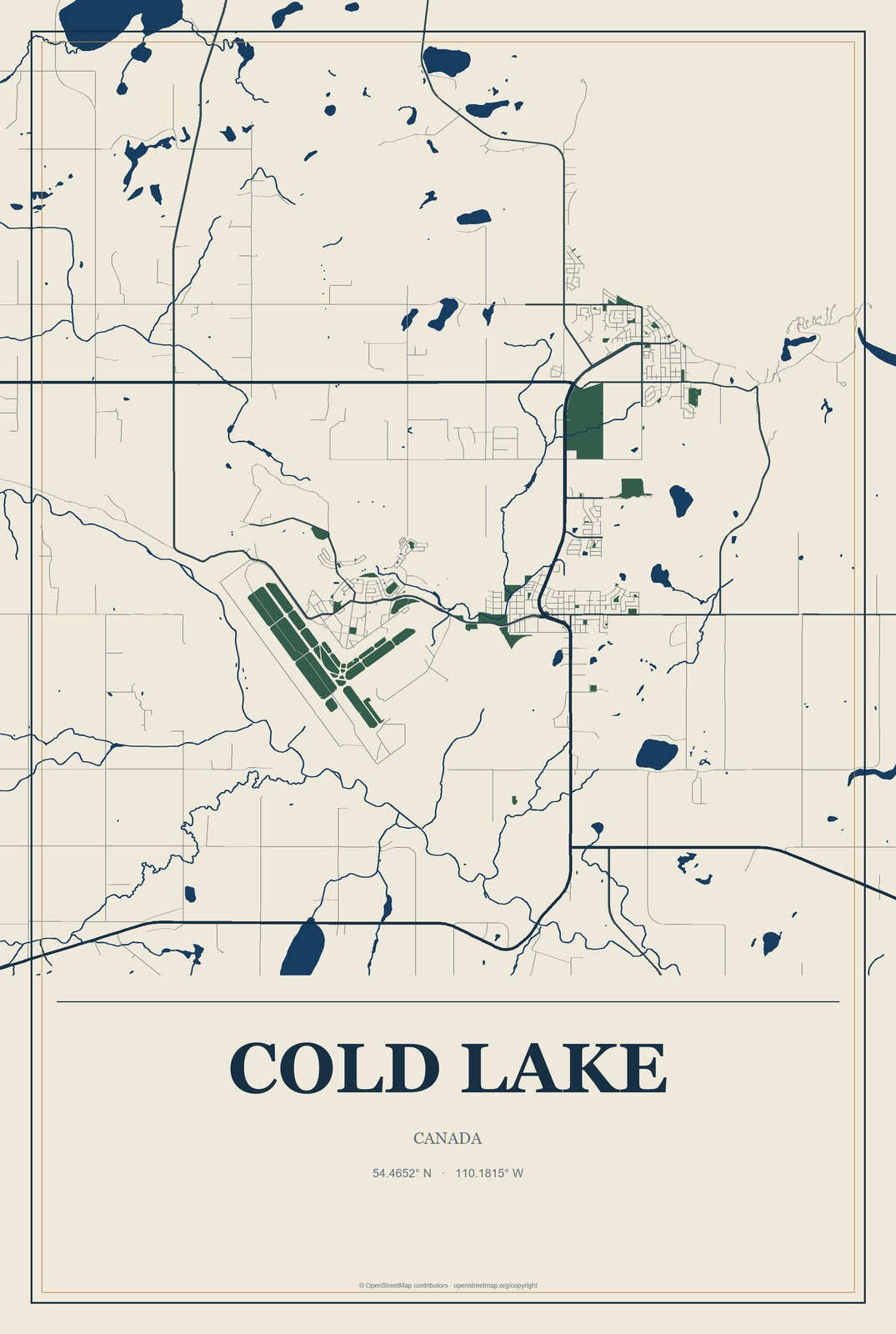 Cold Lake, Canada City Map Aluminum Sign in Coastal Cutout style