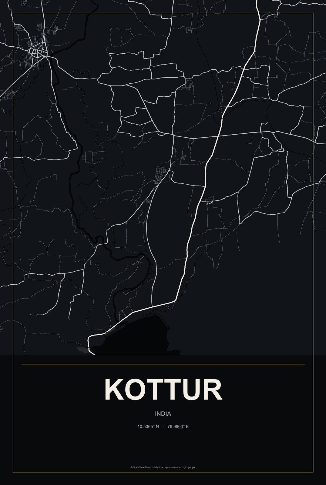 Kottur, India City Map Aluminum Sign in Metropolitan Noir style