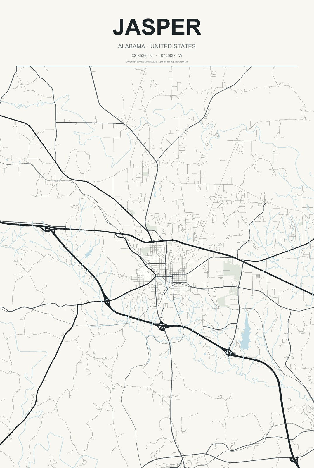 Jasper, Alabama City Map Aluminum Sign in Headline Atlas style