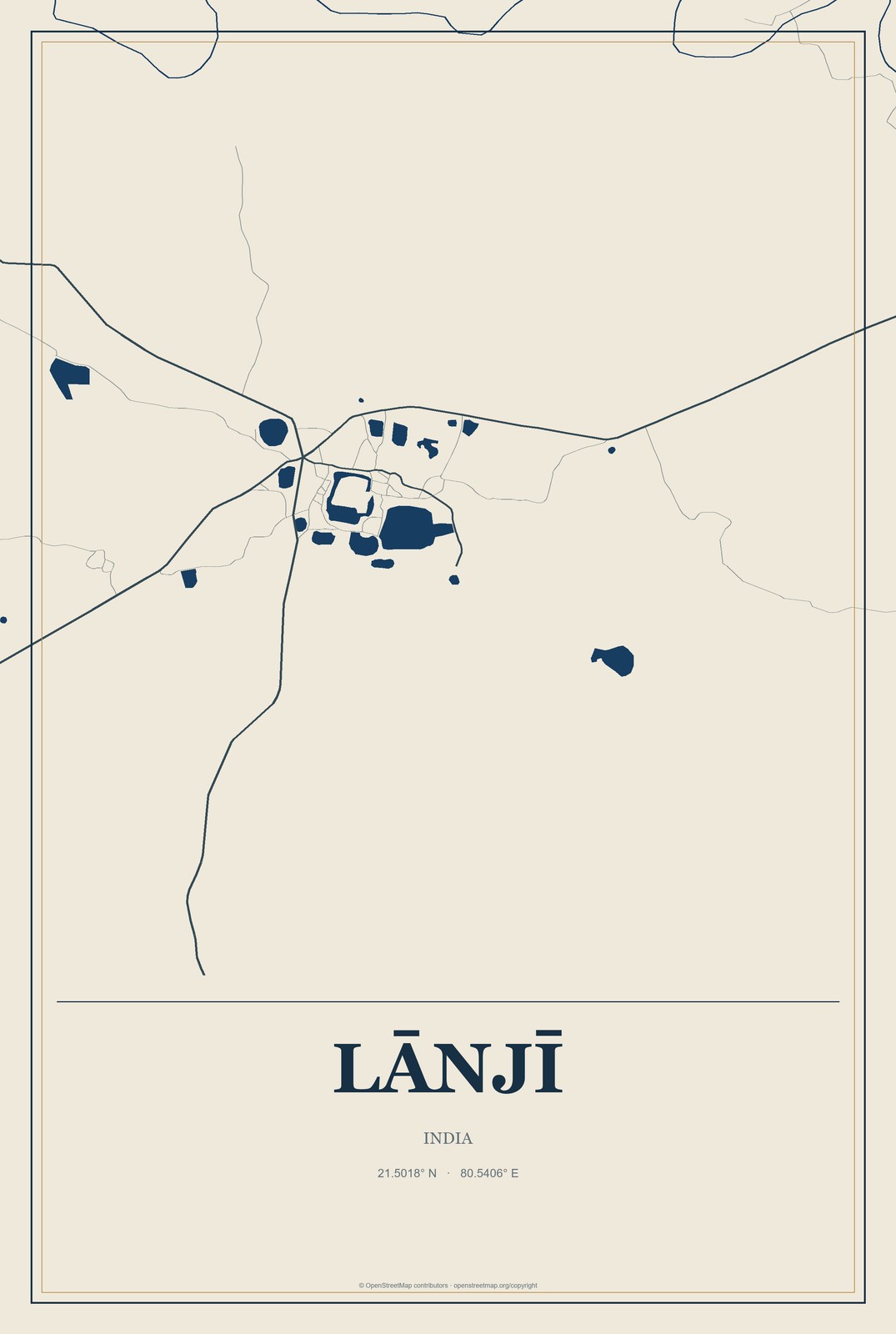 Lānjī, India City Map Aluminum Sign in Coastal Cutout style