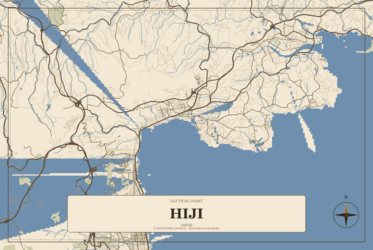 Hiji, Japan City Map Aluminum Sign in Heritage Nautical style
