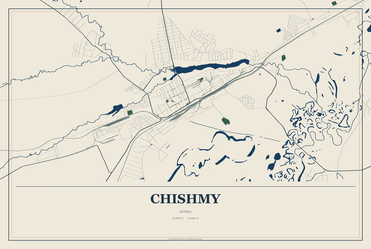 Chishmy, Russia City Map Aluminum Sign in Coastal Cutout style