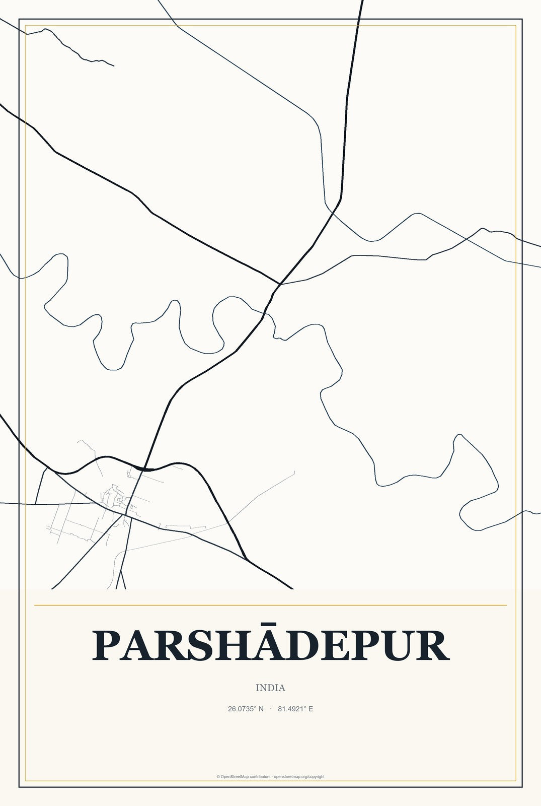 Parshādepur, India City Map Aluminum Sign in Citrine Modern style