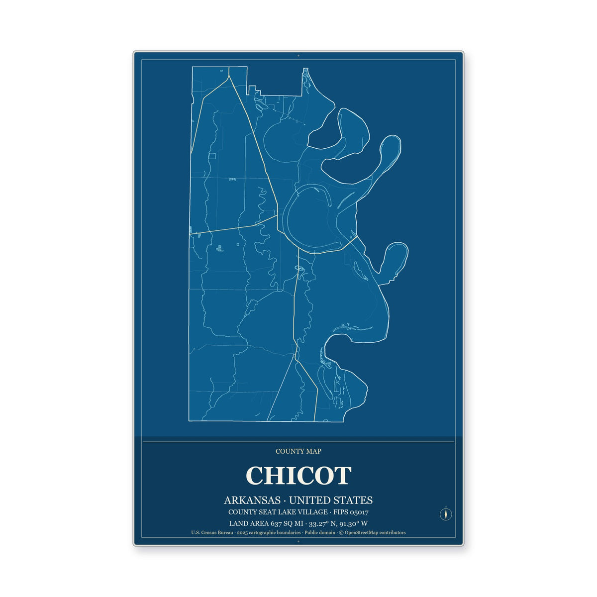 Chicot County, Arkansas Map Aluminum Sign in Harbor Cobalt style