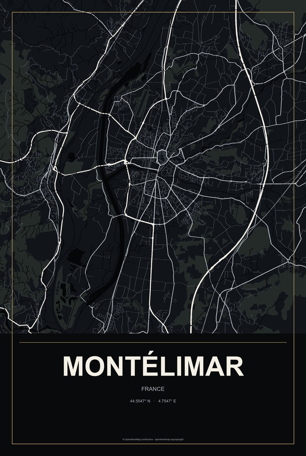Montélimar, France City Map Aluminum Sign in Metropolitan Noir style