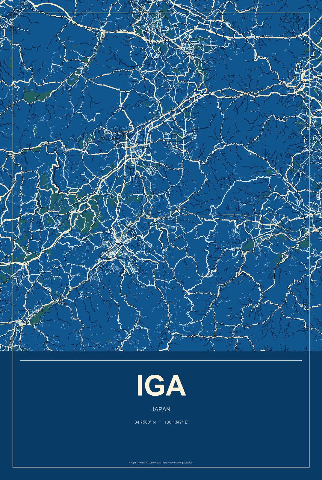 Iga, Japan City Map Aluminum Sign in Harbor Cobalt style