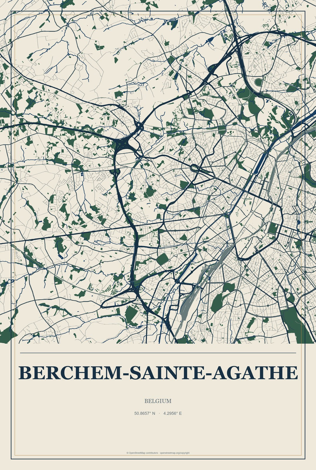 Berchem-Sainte-Agathe, Belgium City Map Aluminum Sign in Coastal Cutout style