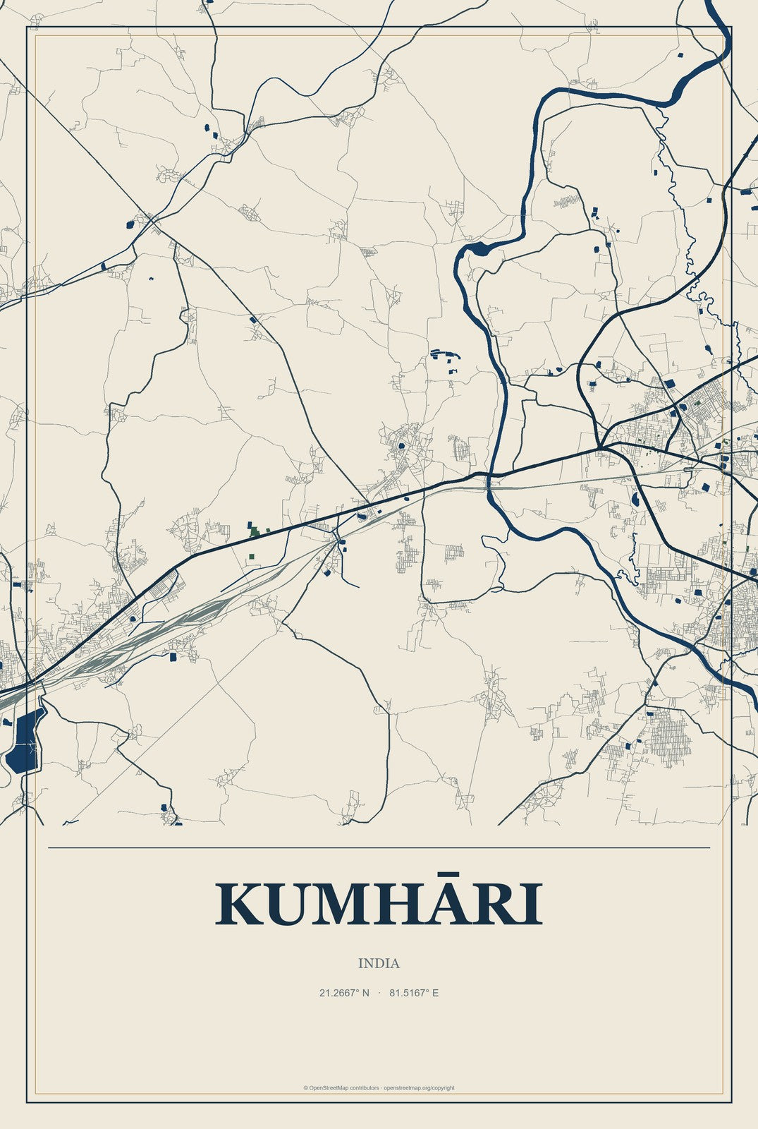 Kumhāri, India City Map Aluminum Sign in Coastal Cutout style
