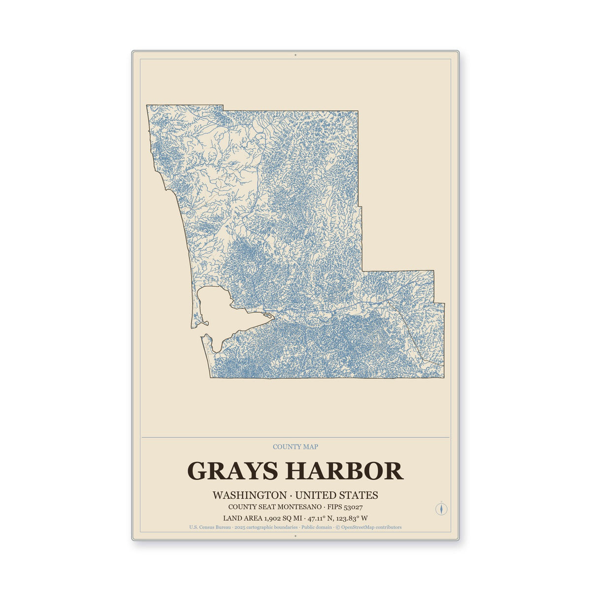 Grays Harbor County, Washington Map Aluminum Sign in Heritage Nautical style