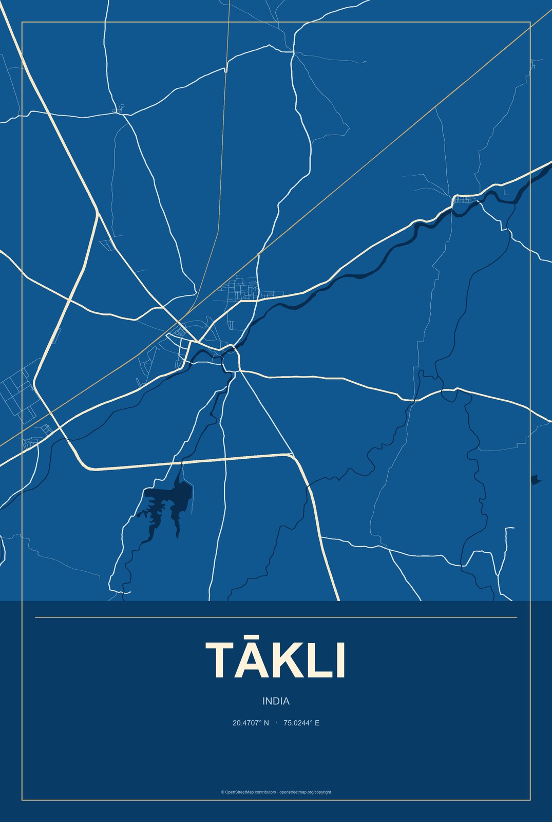 Tākli, India City Map Aluminum Sign in Harbor Cobalt style