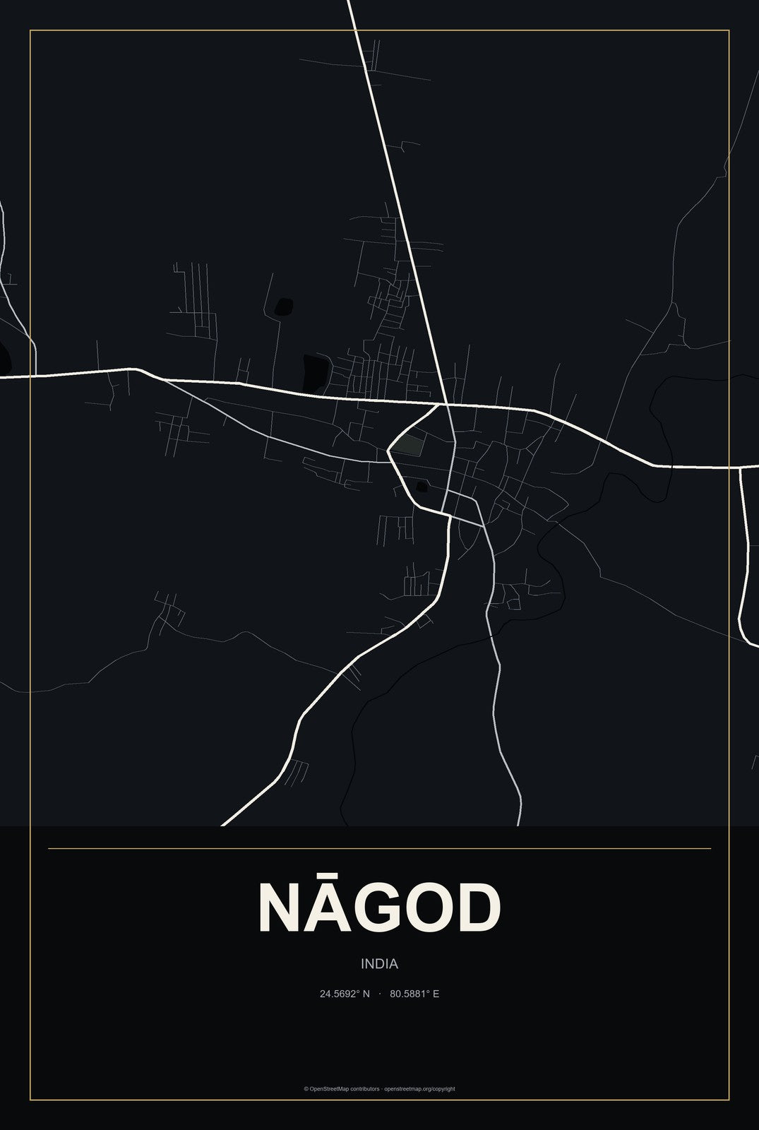 Nāgod, India City Map Aluminum Sign in Metropolitan Noir style