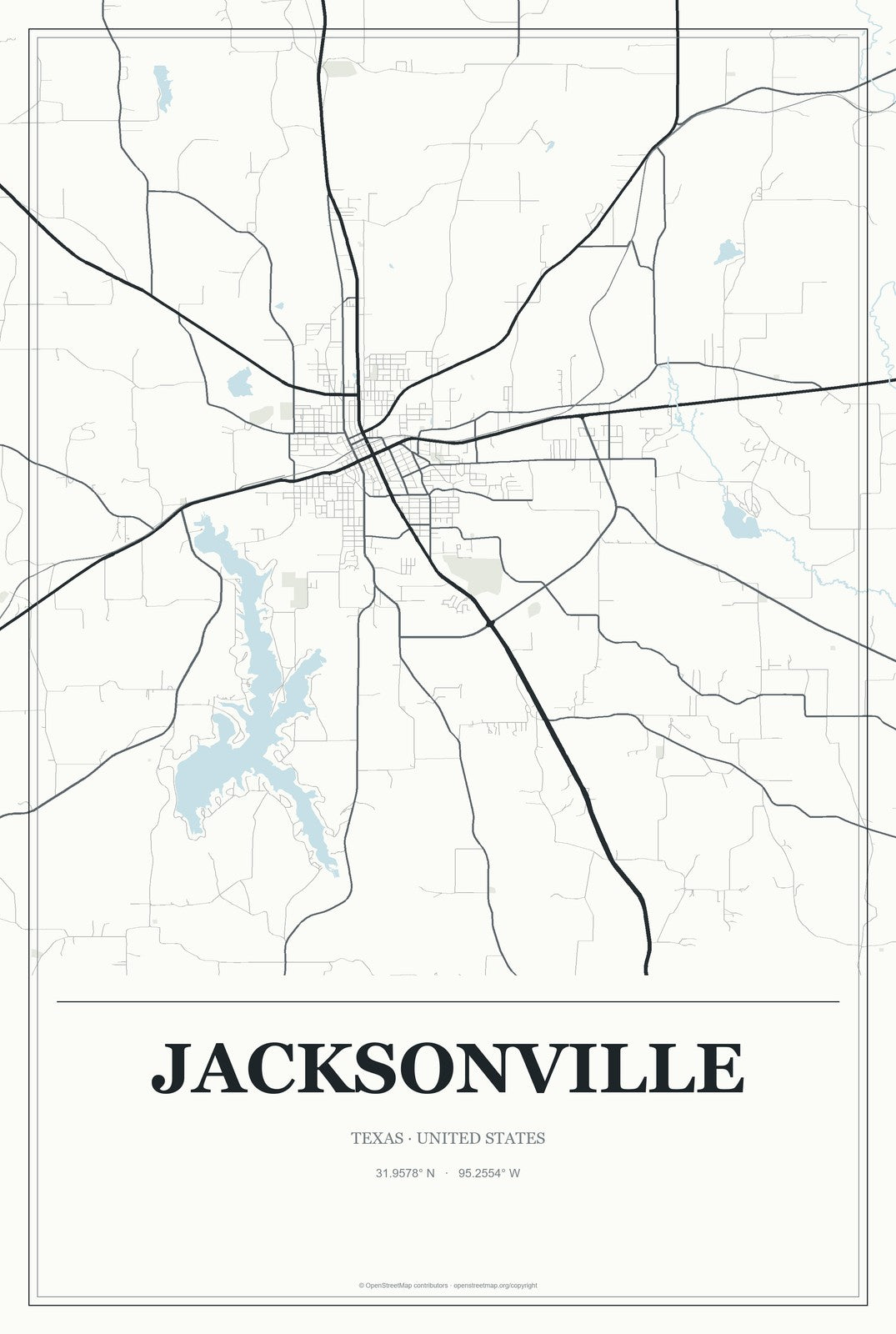 Jacksonville, Texas City Map Aluminum Sign in Gallery Air style