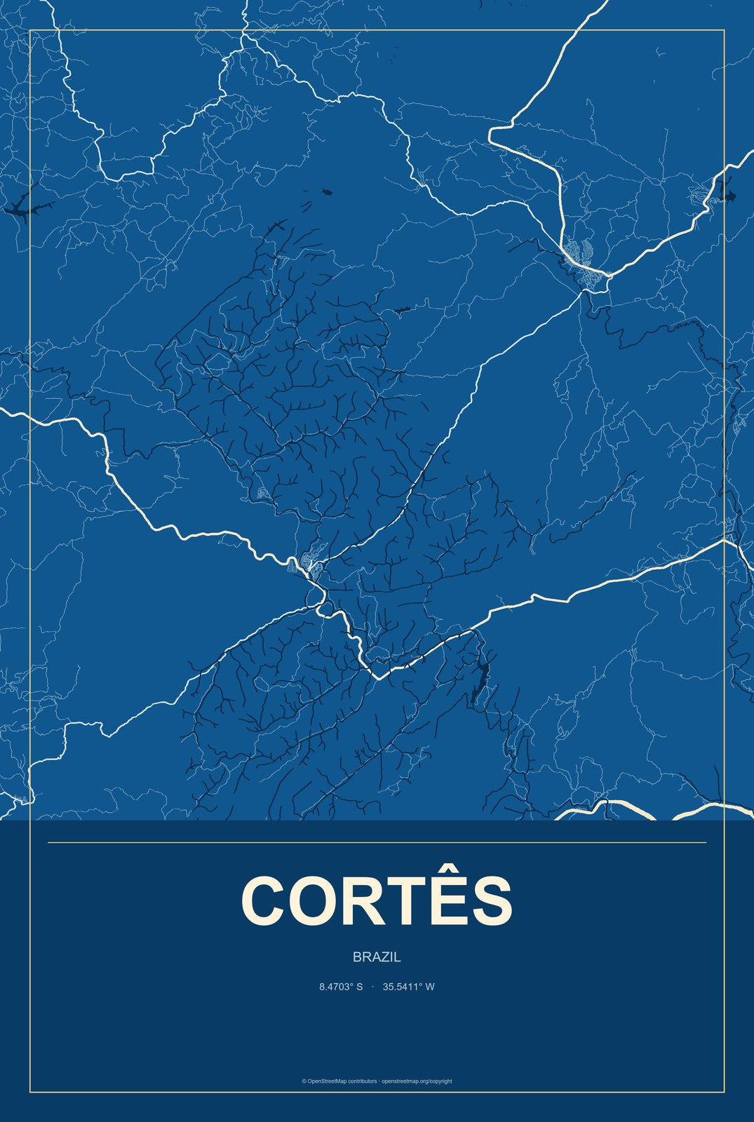 Cortês, Brazil City Map Aluminum Sign in Harbor Cobalt style