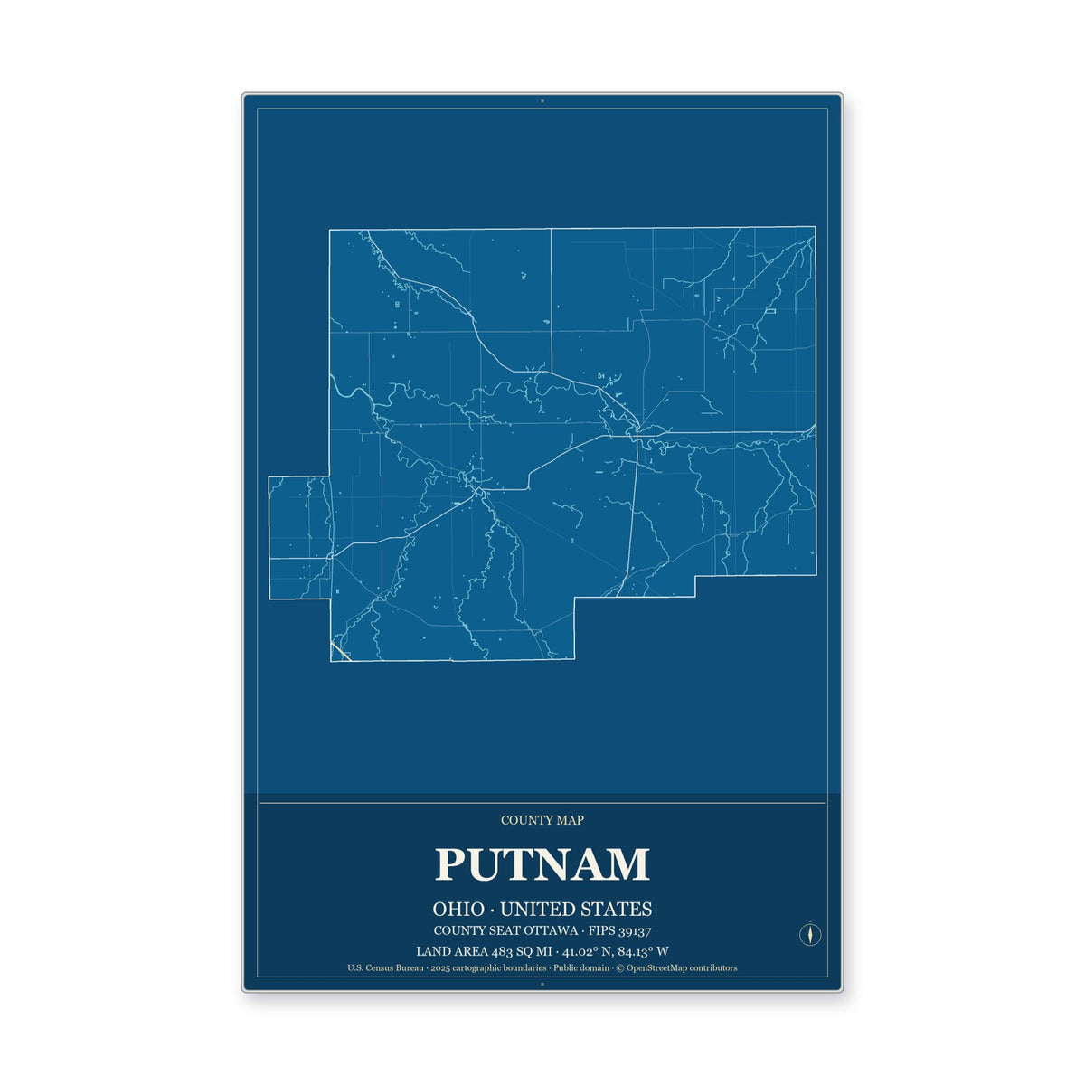 Putnam County, Ohio Map Aluminum Sign in Harbor Cobalt style