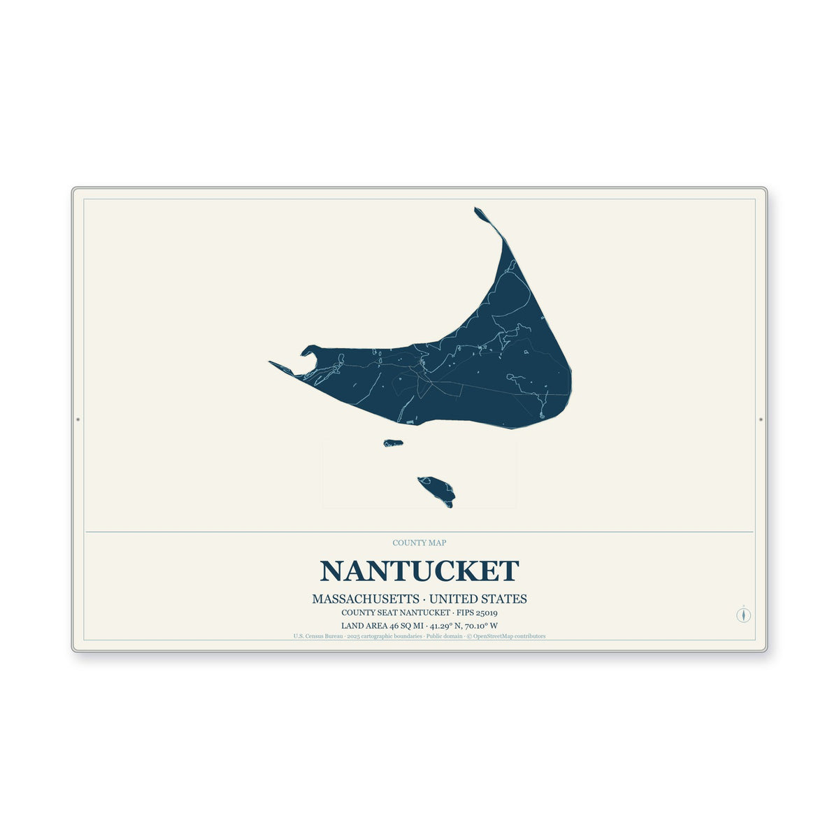Nantucket County, Massachusetts Map Aluminum Sign in Coastal Cutout style