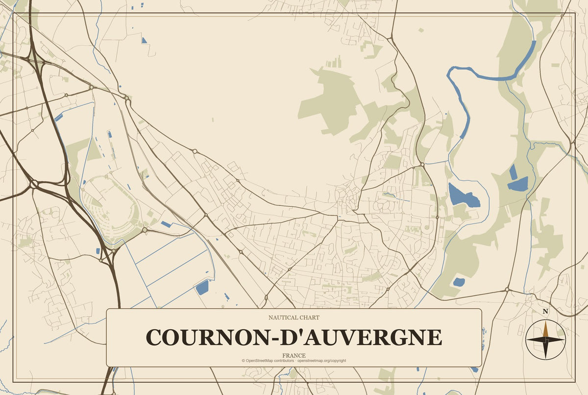 Cournon-d'Auvergne, France City Map Aluminum Sign in Heritage Nautical style