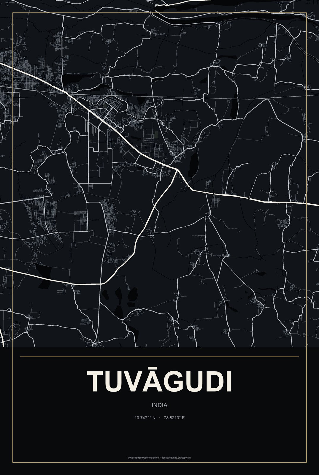 Tuvāgudi, India City Map Aluminum Sign in Metropolitan Noir style