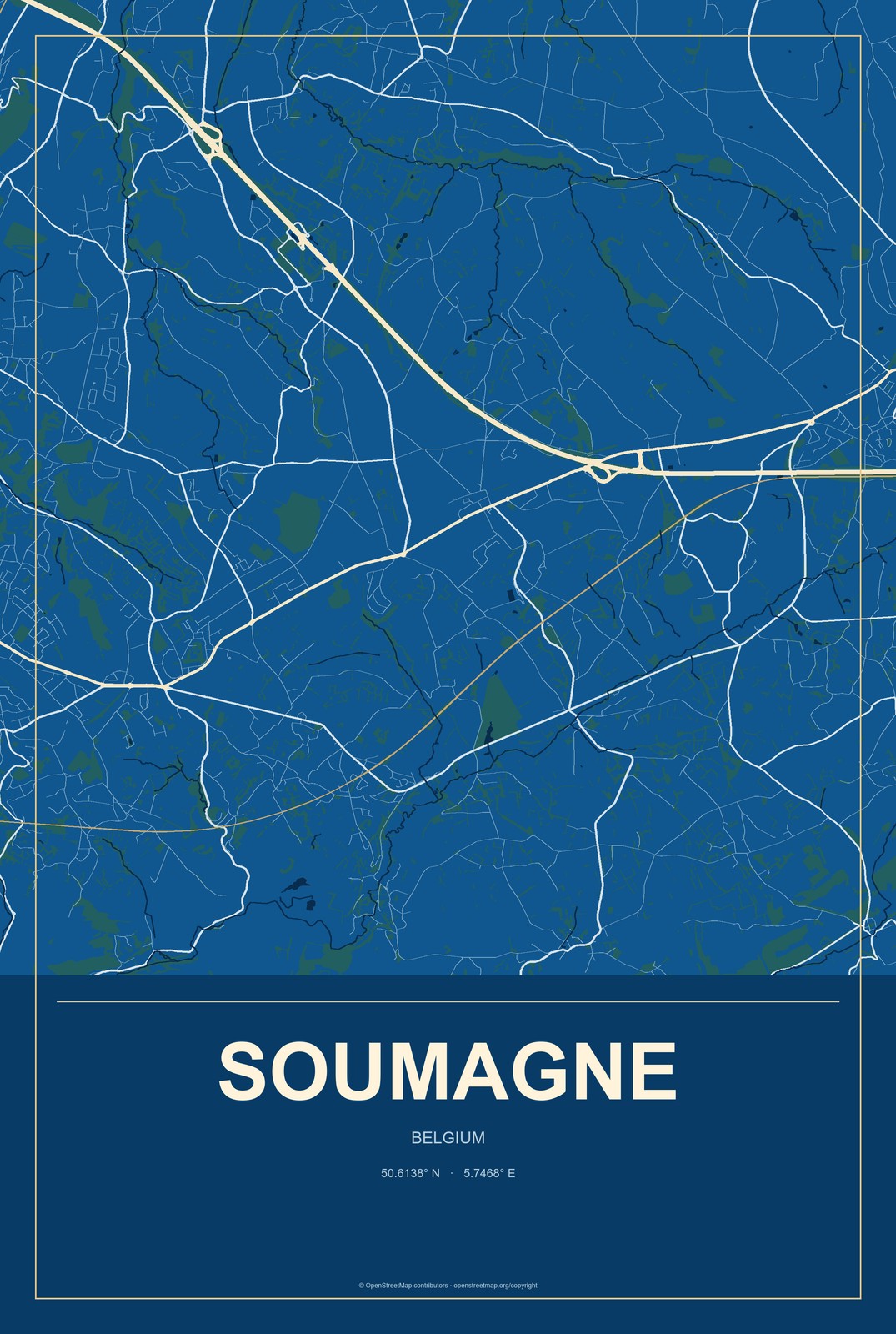 Soumagne, Belgium City Map Aluminum Sign in Harbor Cobalt style
