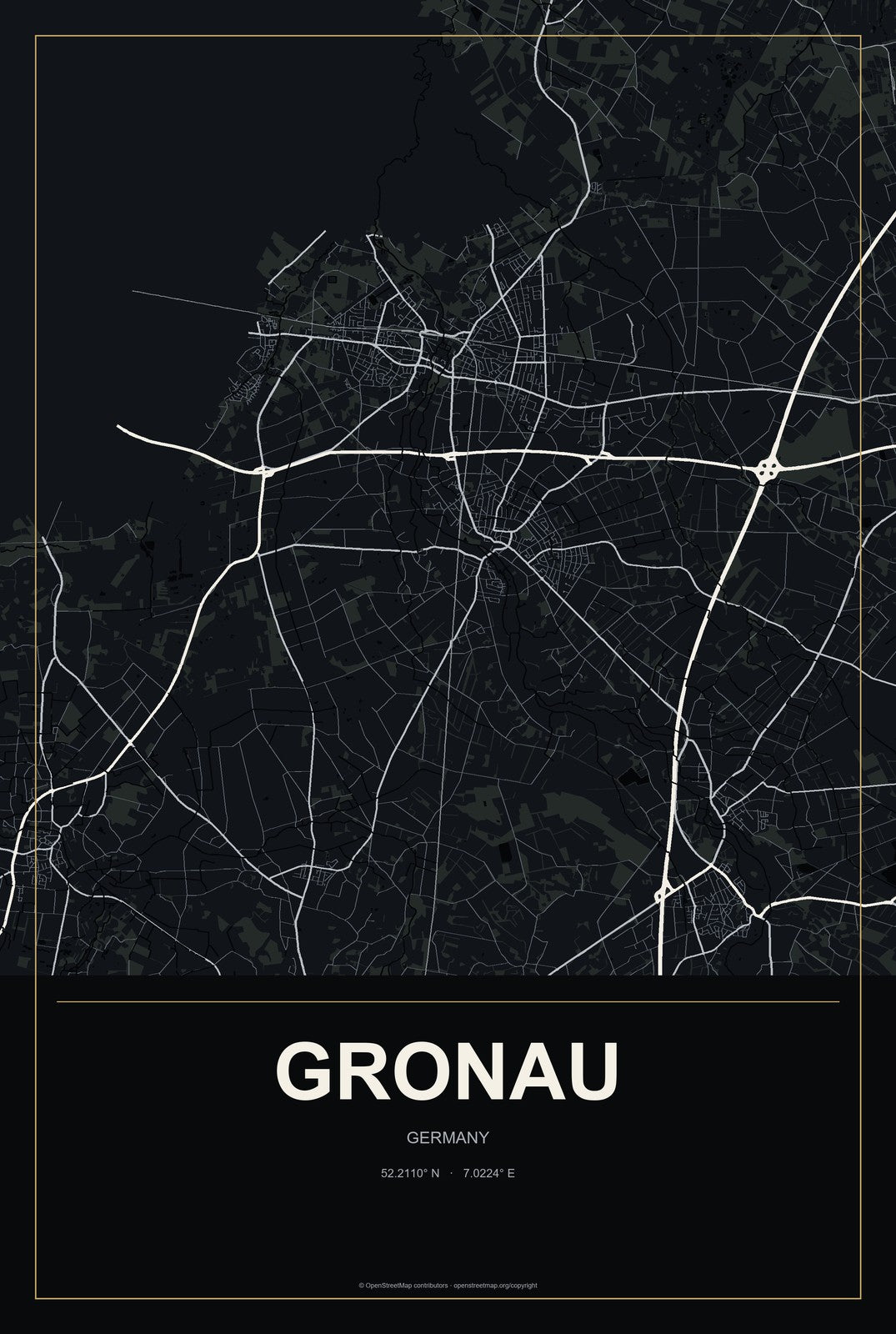 Gronau, Germany City Map Aluminum Sign in Metropolitan Noir style