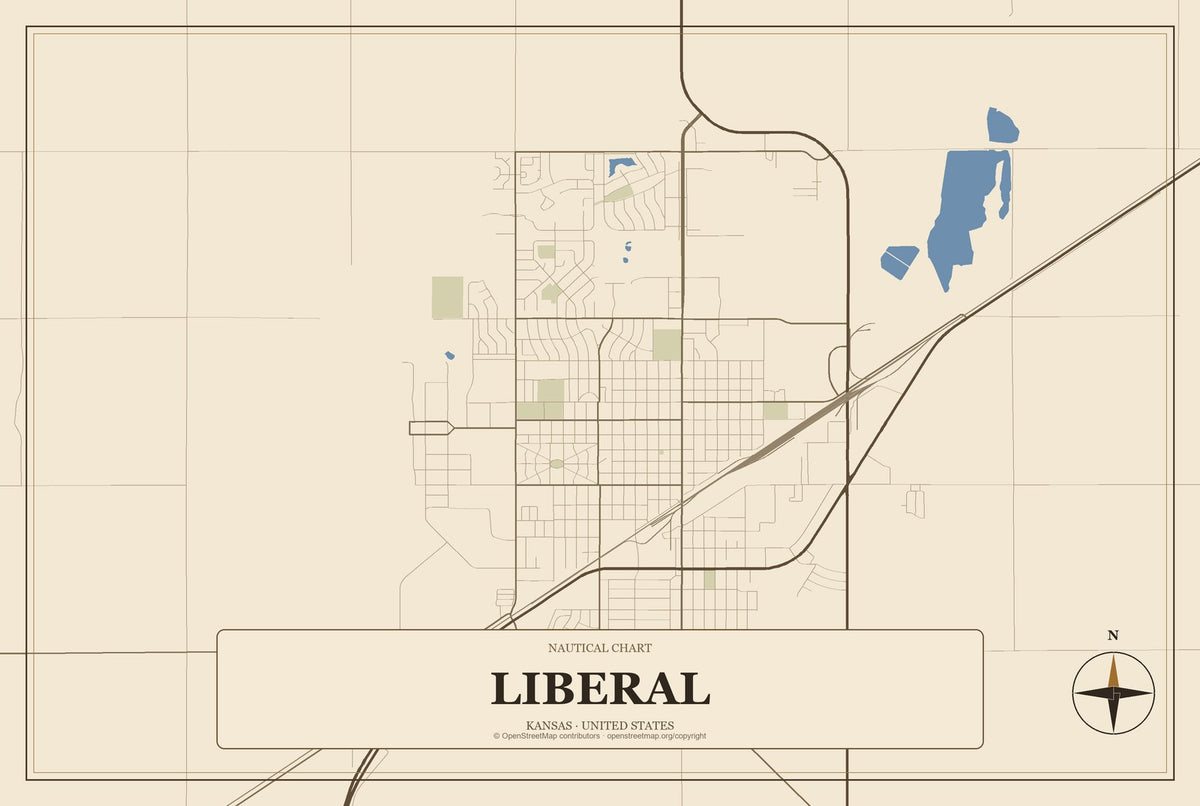 Liberal, Kansas City Map Aluminum Sign in Heritage Nautical style