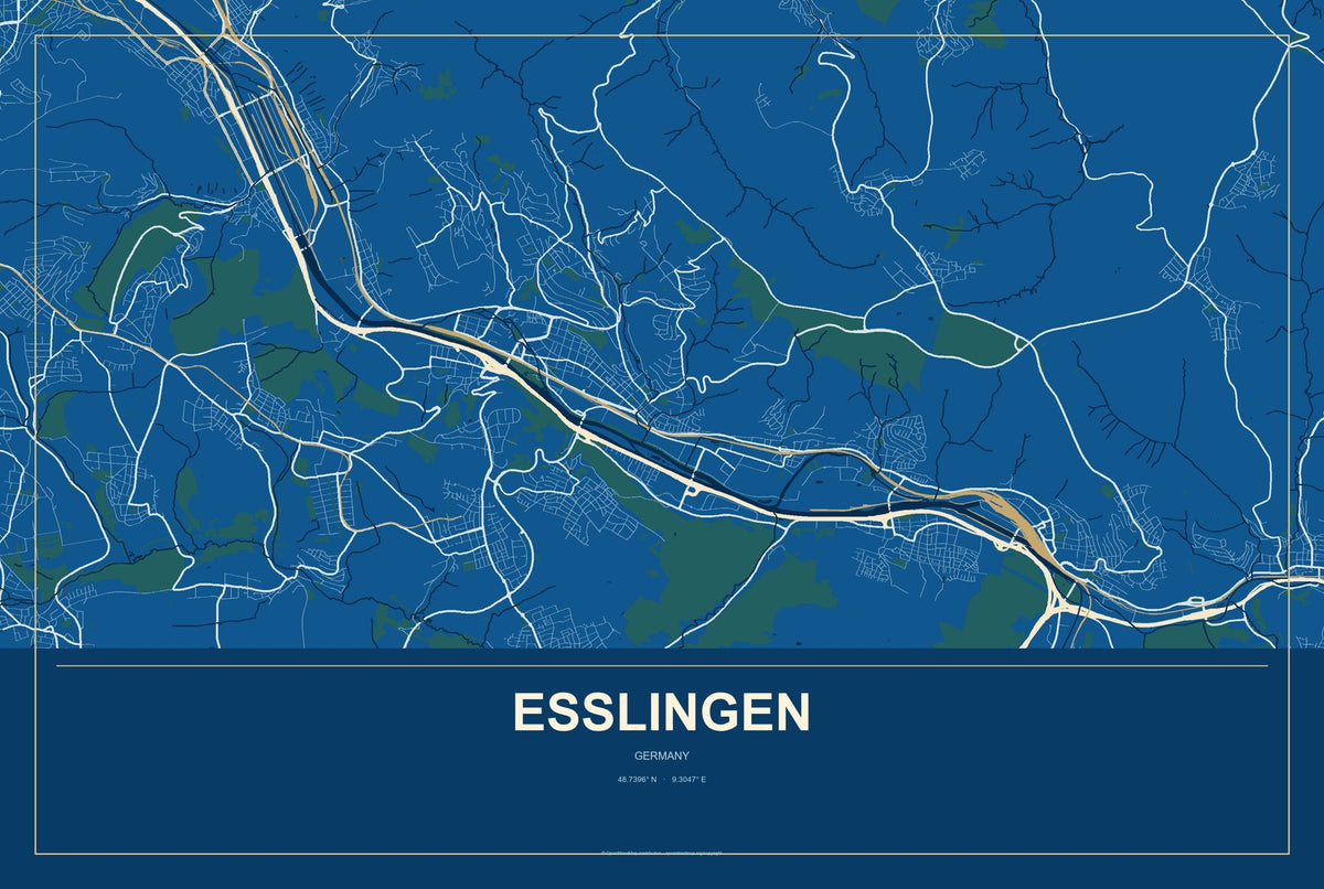 Esslingen, Germany City Map Aluminum Sign in Harbor Cobalt style