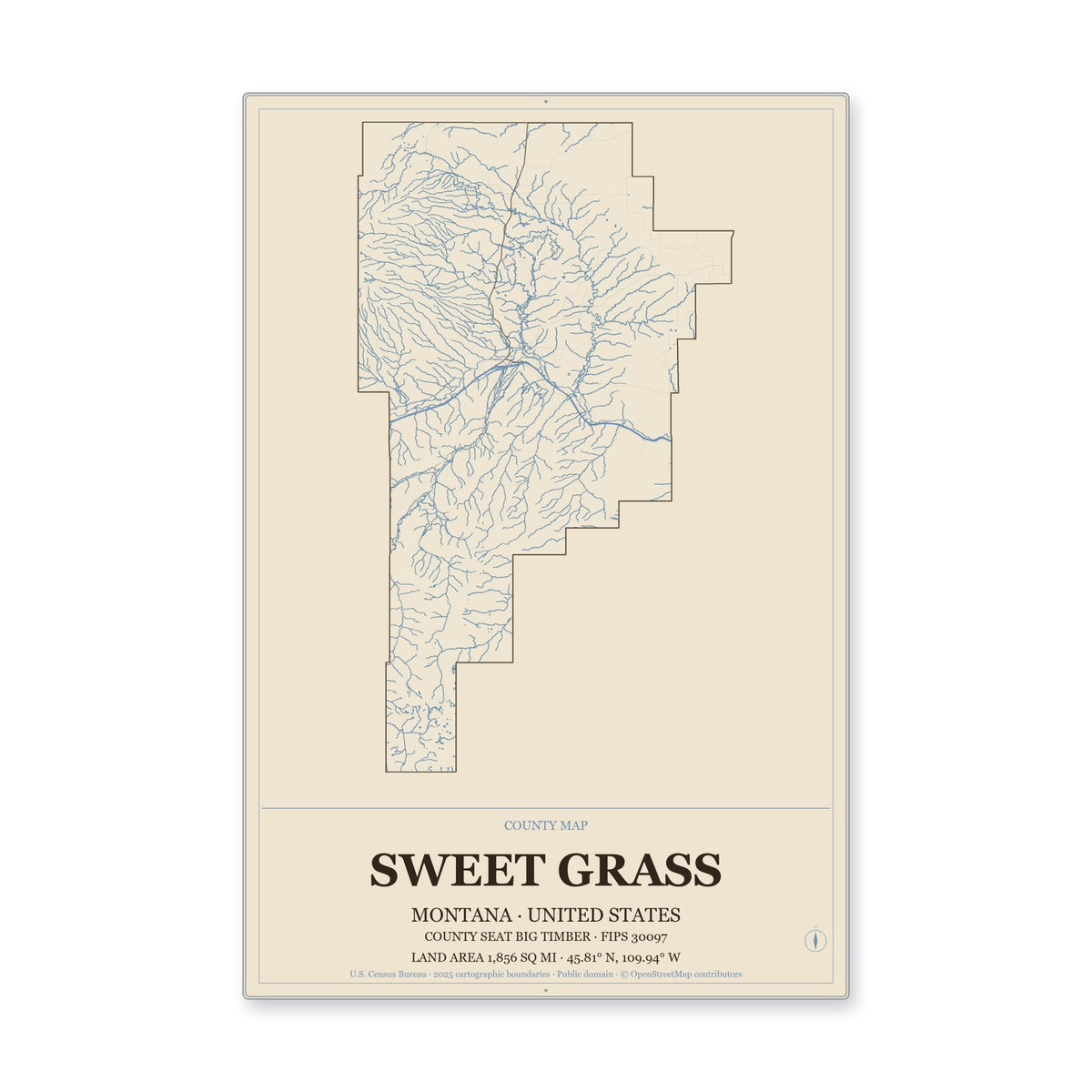 Sweet Grass County, Montana Map Aluminum Sign in Heritage Nautical style