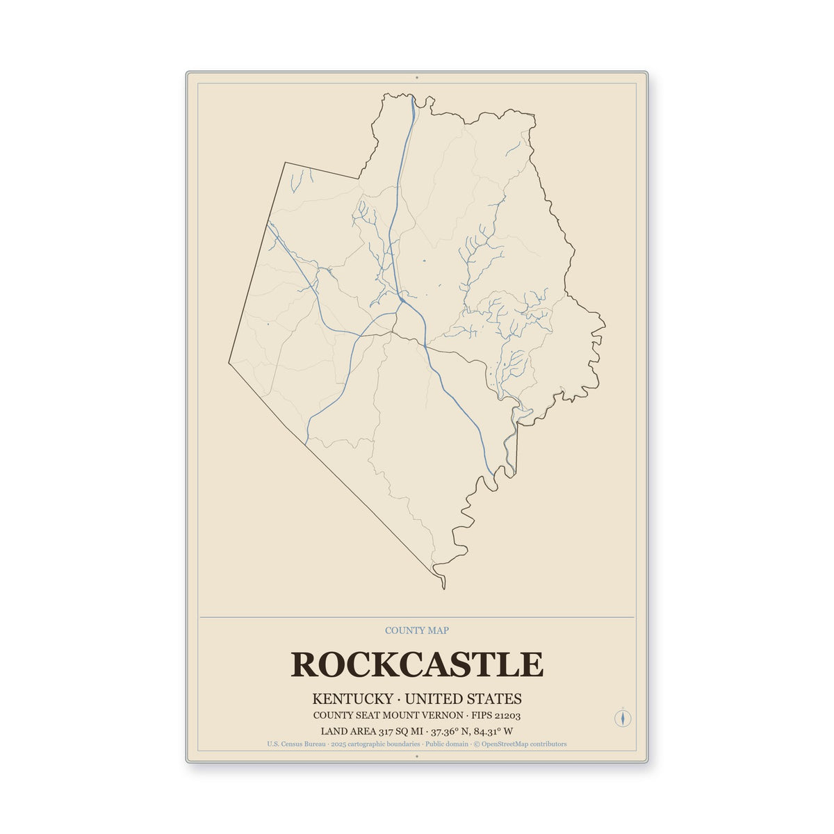 Rockcastle County, Kentucky Map Aluminum Sign in Heritage Nautical style