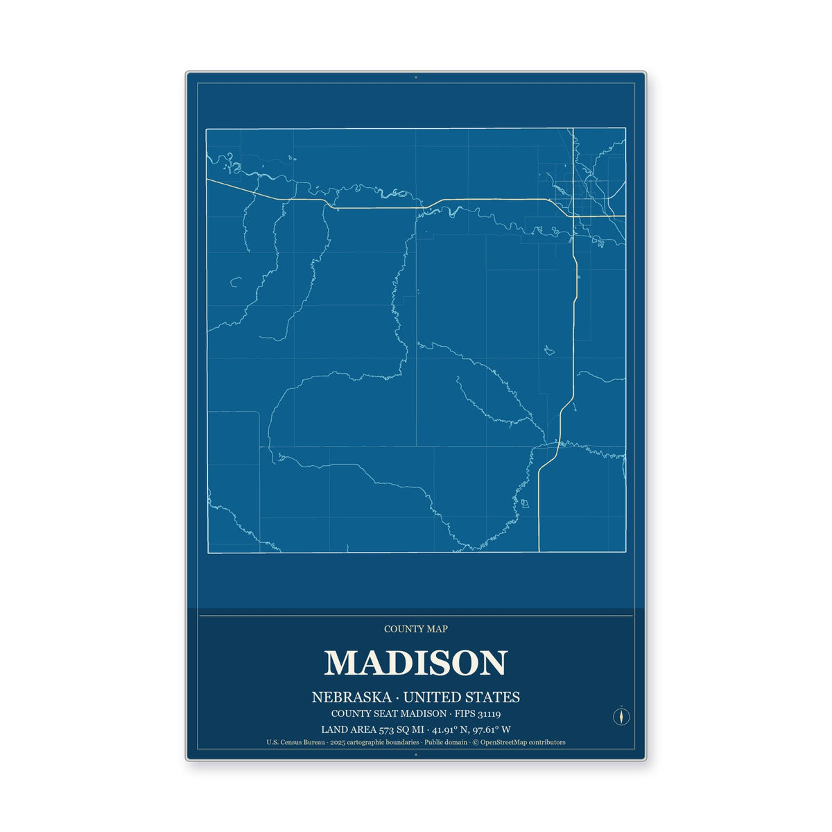 Madison County, Nebraska Map Aluminum Sign in Harbor Cobalt style